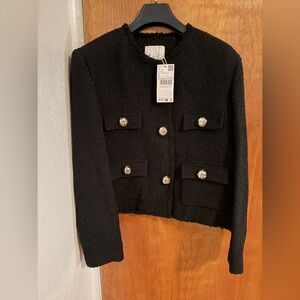 Mango Black Textured Blazer with Gold Buttons